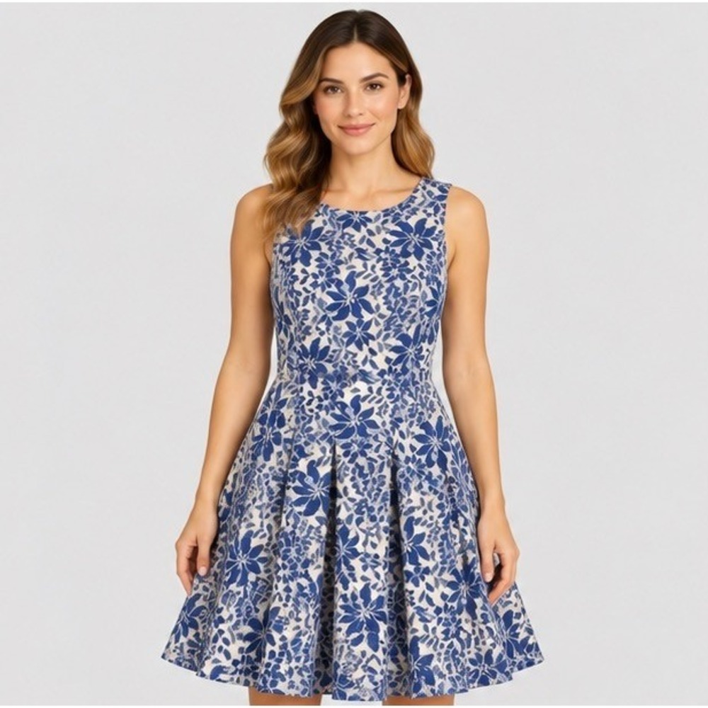 Tommy Hilfiger Womens 4 Blue Cream Floral Lace Fit & Flare Dress Quiet Luxury